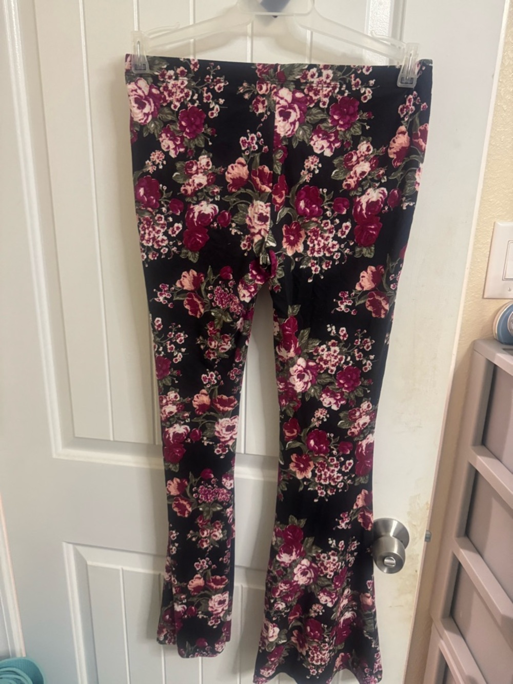 Black Floral Flared Leggings with Pink & Burgundy Blooms